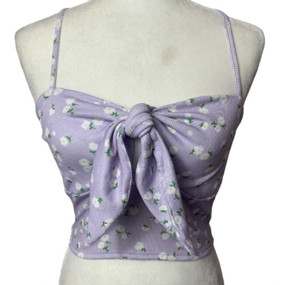 Shein Tie Front Ribbed Ditsy Floral Crop Tank Top - Picture 1 of 6